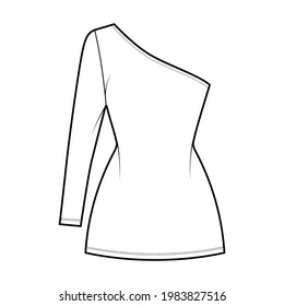 Dress one shoulder technical fashion illustration with long sleeve, fitted body, mini length pencil skirt. Flat apparel front, white color style. Women, men unisex CAD mockup