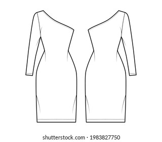 Dress one shoulder technical fashion illustration with long sleeve, fitted body, knee length pencil skirt. Flat apparel front, back, white color style. Women, men unisex CAD mockup