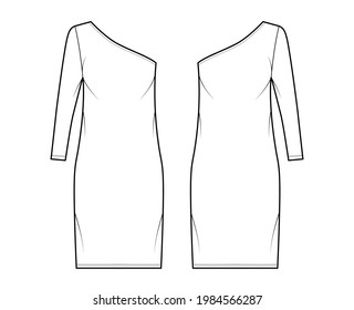 Dress one shoulder technical fashion illustration with long sleeve, oversized body, knee length pencil skirt. Flat apparel front, back, white color style. Women, men unisex CAD mockup