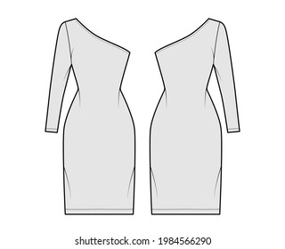 Dress one shoulder technical fashion illustration with long sleeve, fitted body, knee length pencil skirt. Flat apparel front, back, grey color style. Women, men unisex CAD mockup