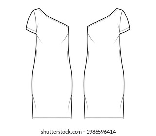 Dress one shoulder technical fashion illustration with short sleeve, oversized body, knee length pencil skirt. Flat apparel front, back, white, color style. Women, men unisex CAD mockup