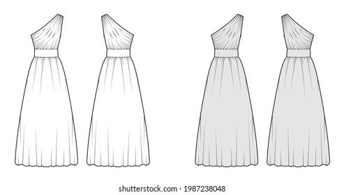 Dress one shoulder technical fashion illustration with fitted body, floor maxi length circular skirt. Flat evening apparel front, back, white, grey color style. Women, men unisex CAD mockup