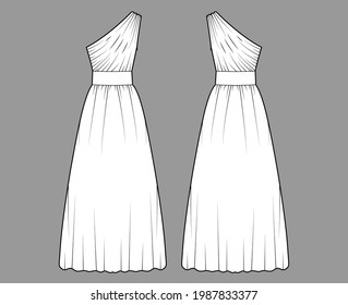 Dress one shoulder technical fashion illustration with fitted body, floor maxi length circular skirt. Flat evening apparel front, back, white color style. Women, men unisex CAD mockup