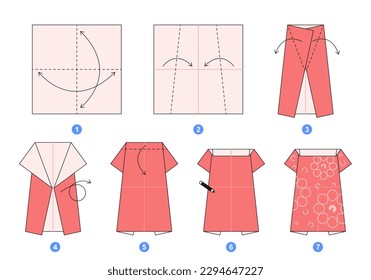 Dress origami scheme tutorial moving model. Origami for kids. Step by step how to make a cute origami cloth for women. Vector illustration.