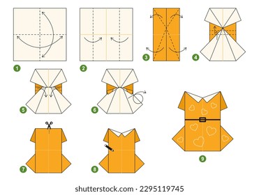 Dress origami scheme tutorial moving model. Origami for kids. Step by step how to make a cute origami cloth for women. Vector illustration.