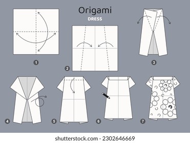 Dress origami scheme tutorial moving model on grey backdrop. Origami for kids. Step by step how to make a cute origami cloth for women. Vector illustration.