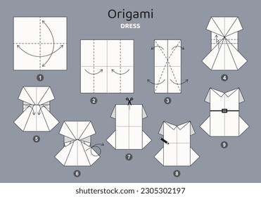 Dress origami scheme tutorial moving model on grey backdrop. Origami for kids. Step by step how to make a cute origami cloth for women. Vector illustration.