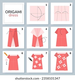 Dress origami scheme tutorial moving model. Origami for kids. Step by step how to make a cute origami cloth for women. Vector illustration.