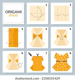 Dress origami scheme tutorial moving model. Origami for kids. Step by step how to make a cute origami cloth for women. Vector illustration.