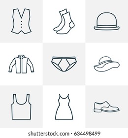 Dress Outline Icons Set. Collection Of Boots, Waistcoat, Panama And Other Elements. Also Includes Symbols Such As Singlet, Outfit, Gown.