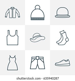 Dress Outline Icons Set. Collection Of Gumshoes, Singlet, Cardigan And Other Elements. Also Includes Symbols Such As Jacket, Napper, Ski.