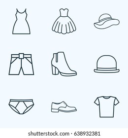 Dress Outline Icons Set. Collection Of Panama, Briefs, Underpants And Other Elements. Also Includes Symbols Such As Heels, Footwear, Hat.