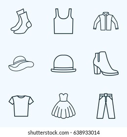 Dress Outline Icons Set. Collection Of Pants, Cardigan, Singlet And Other Elements. Also Includes Symbols Such As Trousers, Socks, Panama.