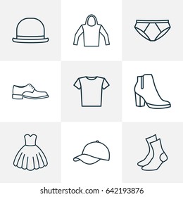 Dress Outline Icons Set. Collection Of Hat, Heels, Sweatshirt And Other Elements. Also Includes Symbols Such As Sox, Cap, Hoodie.