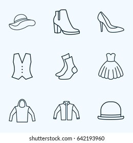 Dress Outline Icons Set. Collection Of Heels, Sweatshirt, Half-Hose And Other Elements. Also Includes Symbols Such As Shoe, Headgear, Evening.