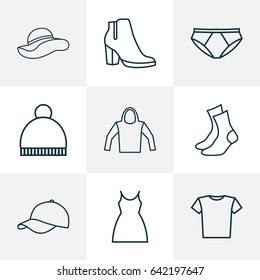 Dress Outline Icons Set. Collection Of Sweatshirt, Heels, Blouse And Other Elements. Also Includes Symbols Such As Sox, Summer, Socks.