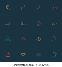 Dress Outline Icons Set. Collection Of Gown, Mini, Blouse And Other Elements. Also Includes Symbols Such As Ski, Gown, Heels.