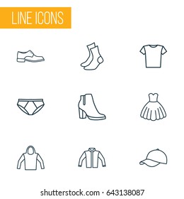 Dress Outline Icons Set. Collection Of Half-Hose, Sweatshirt, Heels And Other Elements. Also Includes Symbols Such As Gown, Footwear, Foot.