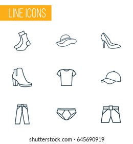 Dress Outline Icons Set. Collection Of Heels, Pants, Blouse And Other Elements. Also Includes Symbols Such As Hat, Trousers, Blouse.