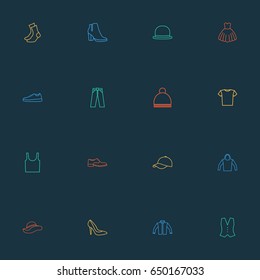 Dress Outline Icons Set. Collection Of Pompom, Sweatshirt, Shoe And Other Elements. Also Includes Symbols Such As Ski, Foot, Panama.