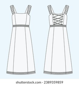 Dress outline illustration. hand drawn Dress sketch. Dress template front and back view. vector drawing. Dress isolated on white background. vector illustration. Dresses line art technical drawing.