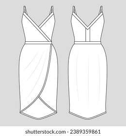 Dress outline illustration. hand drawn Dress sketch. Dress template front and back view. vector drawing. Dress isolated on white background. vector illustration. Dresses line art technical drawing.