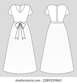 Ilustración del contorno del vestido. dibujo a mano de un dibujo de vestir. Vista frontal y posterior de la plantilla de vestir. dibujo vectorial. Vestido aislado de fondo blanco. ilustración vectorial. Vestidos en línea de dibujo técnico.