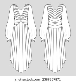 Dress outline illustration. hand drawn Dress sketch. Dress template front and back view. vector drawing. Dress isolated on white background. vector illustration. Dresses line art technical drawing.