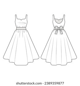 Dress outline illustration. hand drawn Dress sketch. Dress template front and back view. vector drawing. Dress isolated on white background. vector illustration. Dresses line art technical drawing.