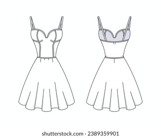 Dress outline illustration. hand drawn Dress sketch. Dress template front and back view. vector drawing. Dress isolated on white background. vector illustration. Dresses line art technical drawing.