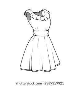 Dress outline illustration. hand drawn Dress sketch. Dress template front and back view. vector drawing. Dress isolated on white background. vector illustration. Dresses line art technical drawing.