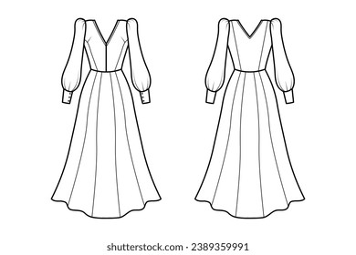 Dress outline illustration. hand drawn Dress sketch. Dress template front and back view. vector drawing. Dress isolated on white background. vector illustration. Dresses line art technical drawing.