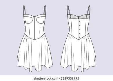 Ilustración del contorno del vestido. dibujo a mano de un dibujo de vestir. Vista frontal y posterior de la plantilla de vestir. dibujo vectorial. Vestido aislado de fondo blanco. ilustración vectorial. Vestidos en línea de dibujo técnico.