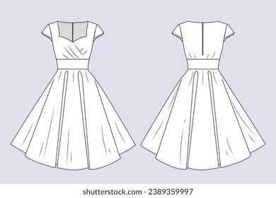 Dress outline illustration. hand drawn Dress sketch. Dress template front and back view. vector drawing. Dress isolated on white background. vector illustration. Dresses line art technical drawing.