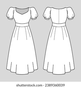 Ilustración del contorno del vestido. dibujo a mano de un dibujo de vestir. Vista frontal y posterior de la plantilla de vestir. dibujo vectorial. Vestido aislado de fondo blanco. ilustración vectorial. Vestidos en línea de dibujo técnico.