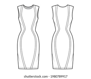 Dress panel technical fashion illustration with hourglass silhouette, sleeveless, fitted body, knee length pencil skirt. Flat apparel front, back, white color style. Women, men unisex CAD mockup