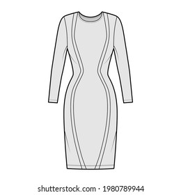 Dress panel technical fashion illustration with hourglass silhouette, long sleeves, fitted body, knee length pencil skirt. Flat apparel front, grey color style. Women, men unisex CAD mockup