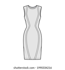 Dress panel technical fashion illustration with hourglass silhouette, sleeveless, fitted body, knee length pencil skirt. Flat apparel front, grey color style. Women, men unisex CAD mockup