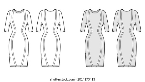 Dress panel technical fashion illustration with hourglass silhouette, elbow sleeve, fitted body, knee length pencil skirt. Flat apparel front, back, white, grey color. Women, men unisex CAD mockup