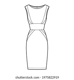 Dress panel tube technical fashion illustration with hourglass silhouette, sleeveless, fitted body, knee length skirt. Flat apparel front, white color style. Women, men, unisex CAD mockup
