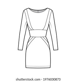 Dress panel tube technical fashion illustration with hourglass silhouette, long sleeves, fitted body, mini length skirt. Flat apparel front, white color style. Women, men, unisex CAD mockup