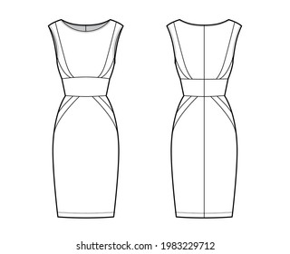 Dress panel tube technical fashion illustration with hourglass silhouette, sleeveless, fitted body, knee length skirt. Flat apparel front, back, white color style. Women, men, unisex CAD mockup
