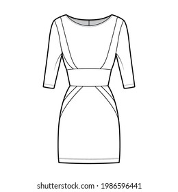 Dress panel tube technical fashion illustration with hourglass silhouette, elbow sleeves, fitted body, mini length skirt. Flat apparel front, white color style. Women, men, unisex CAD mockup
