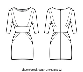 Dress panel tube technical fashion illustration with hourglass silhouette, elbow sleeves, fitted body, mini length skirt. Flat apparel front, back, white color style. Women, men, unisex CAD mockup