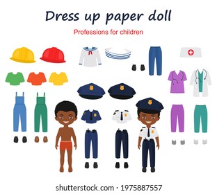 Dress up paper doll of afro american boy. Professions for children. Vector illustration. Cartoon flat style