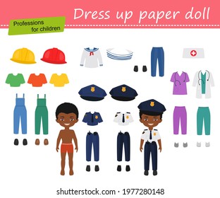 Dress up paper doll of afro american boy. Professions for children. Cartoon flat style. Vector illustration