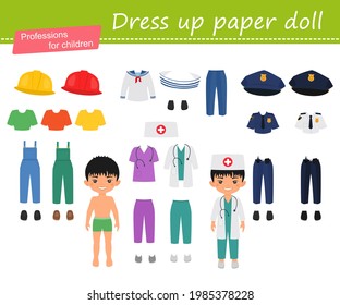 Dress up paper doll asian boy. Professions for children. Vector illustration. Cartoon flat style