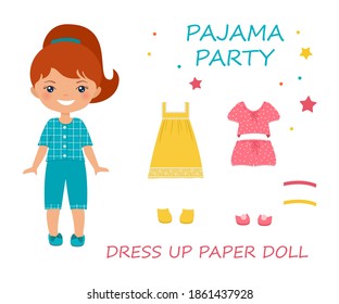 Dress up paper doll. Cute chibi girl character in pajamas for pajama party. Flat cartoon style. Vector illustration