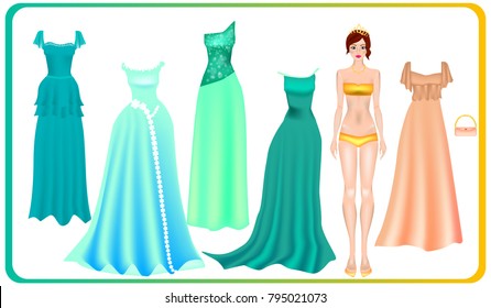 Dress up paper doll. Princess paper doll and set of ball clothes. Body templates vector detailed illustration. Evening and Prom Dress