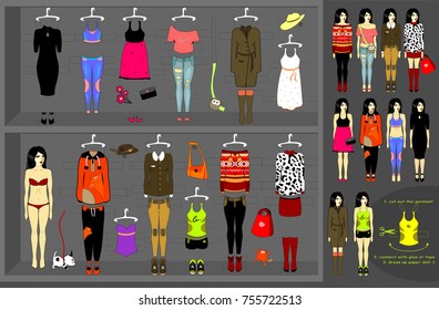 Dress up paper doll.
Vector set of 12 various kits of clothes.